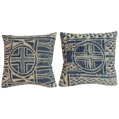 Pair of 19th Century Blue and White “Ndop” Woven Textile Decorative Pillows