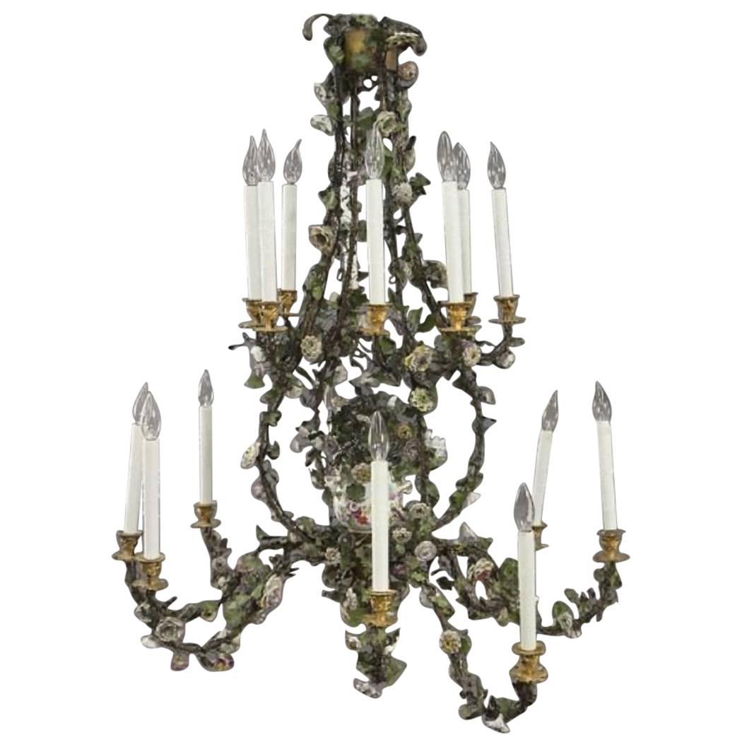 North European Ormolu Painted Tole and Porcelain Sixteen-Light Chandelier