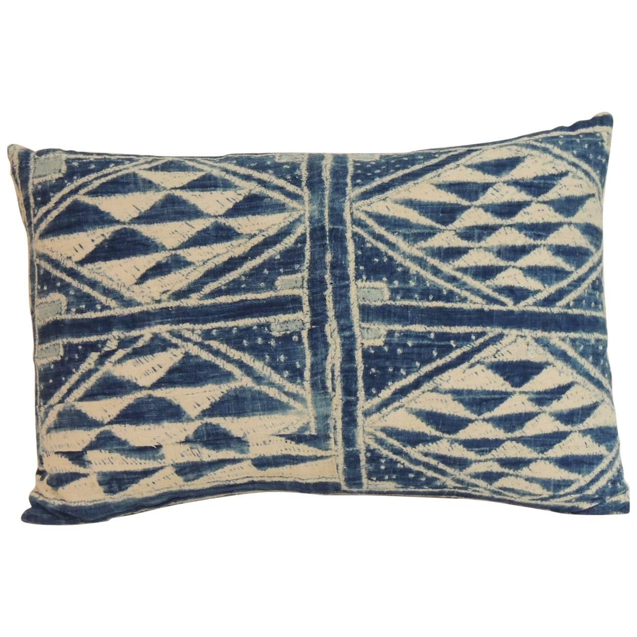 19th Century Blue and White “Ndop” African Woven Decorative Bolster Pillow
