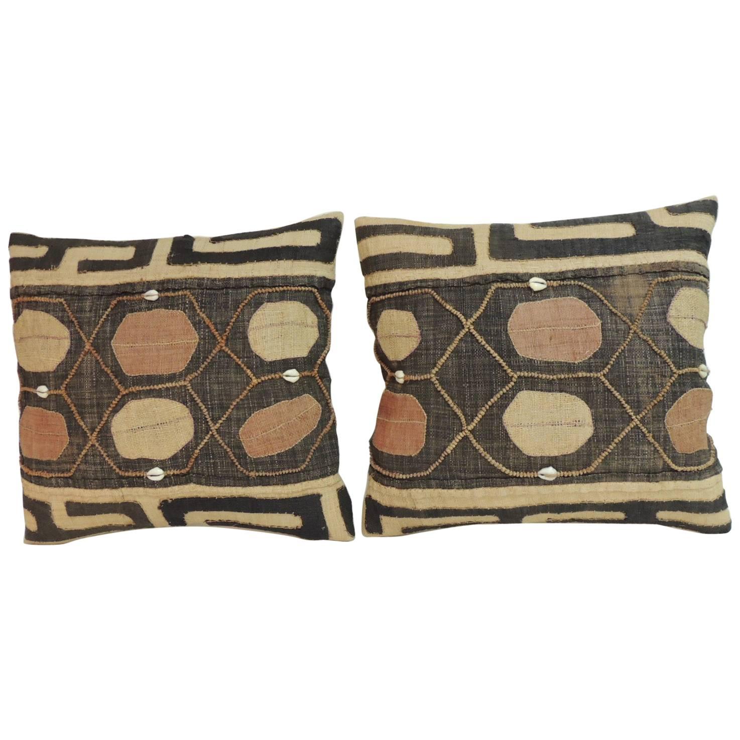 Pair of Vintage Embroidery African Tribal Lumbar Pillows with Cowries Shells