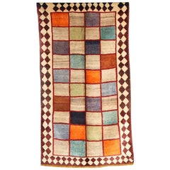 Persischer 1940er Gabbeh-Stammesteppich, mehrfarbige Quadrate, Wolle, 3' x 6'