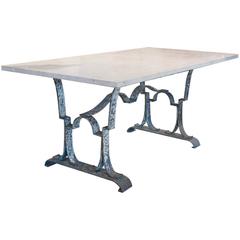 Antique French Iron Table or Desk from Épernay with Travertine Marble Top