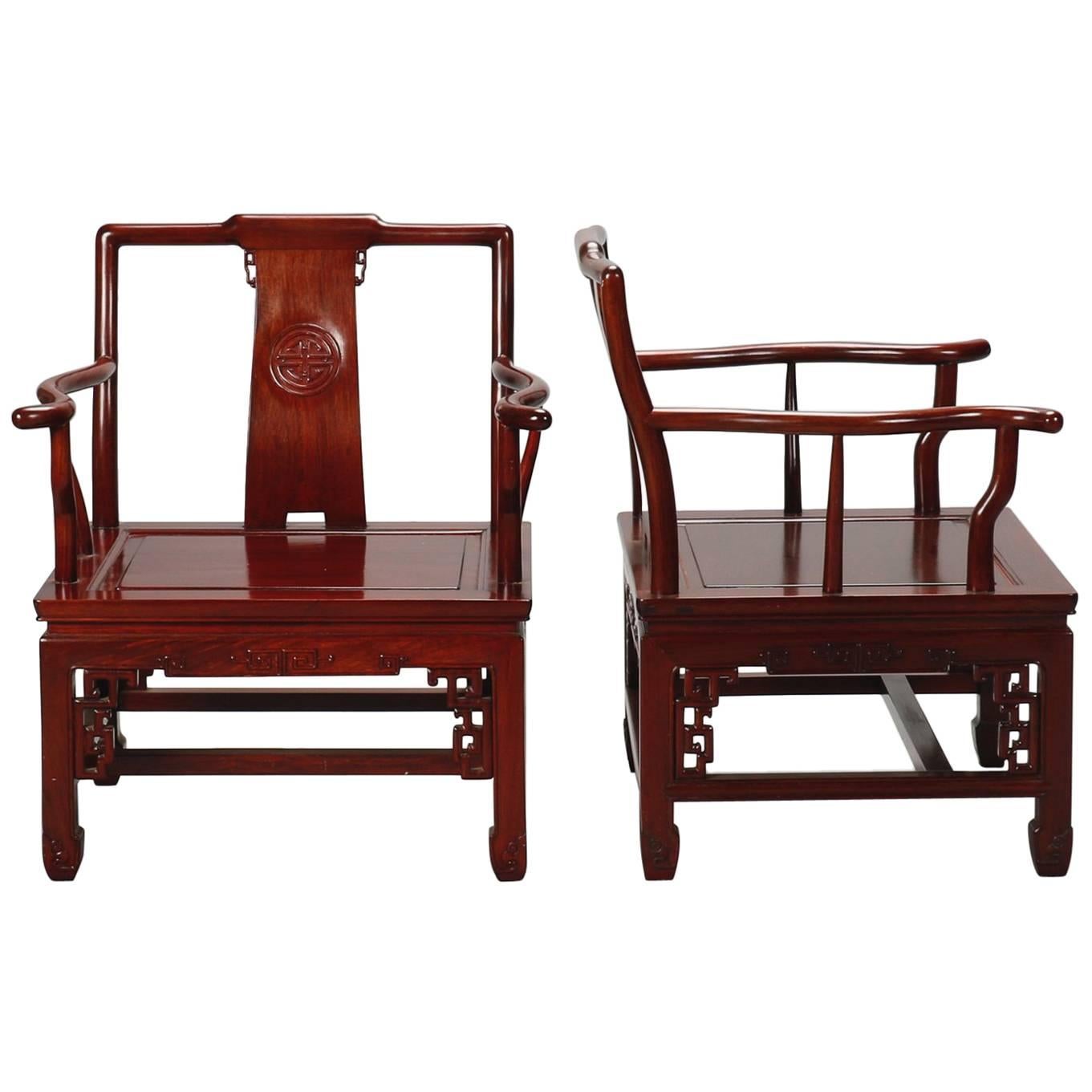 Pair 1930s Chinese Carved Wood Armchairs
