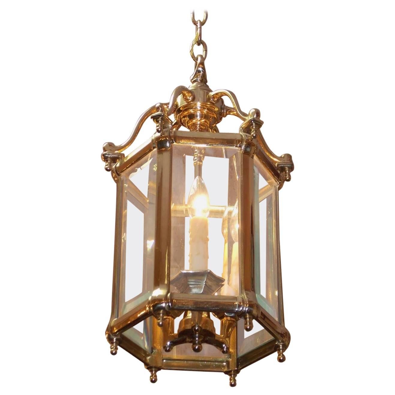 American Brass Hexagon Beveled Glass Hall Lantern, Circa 1870