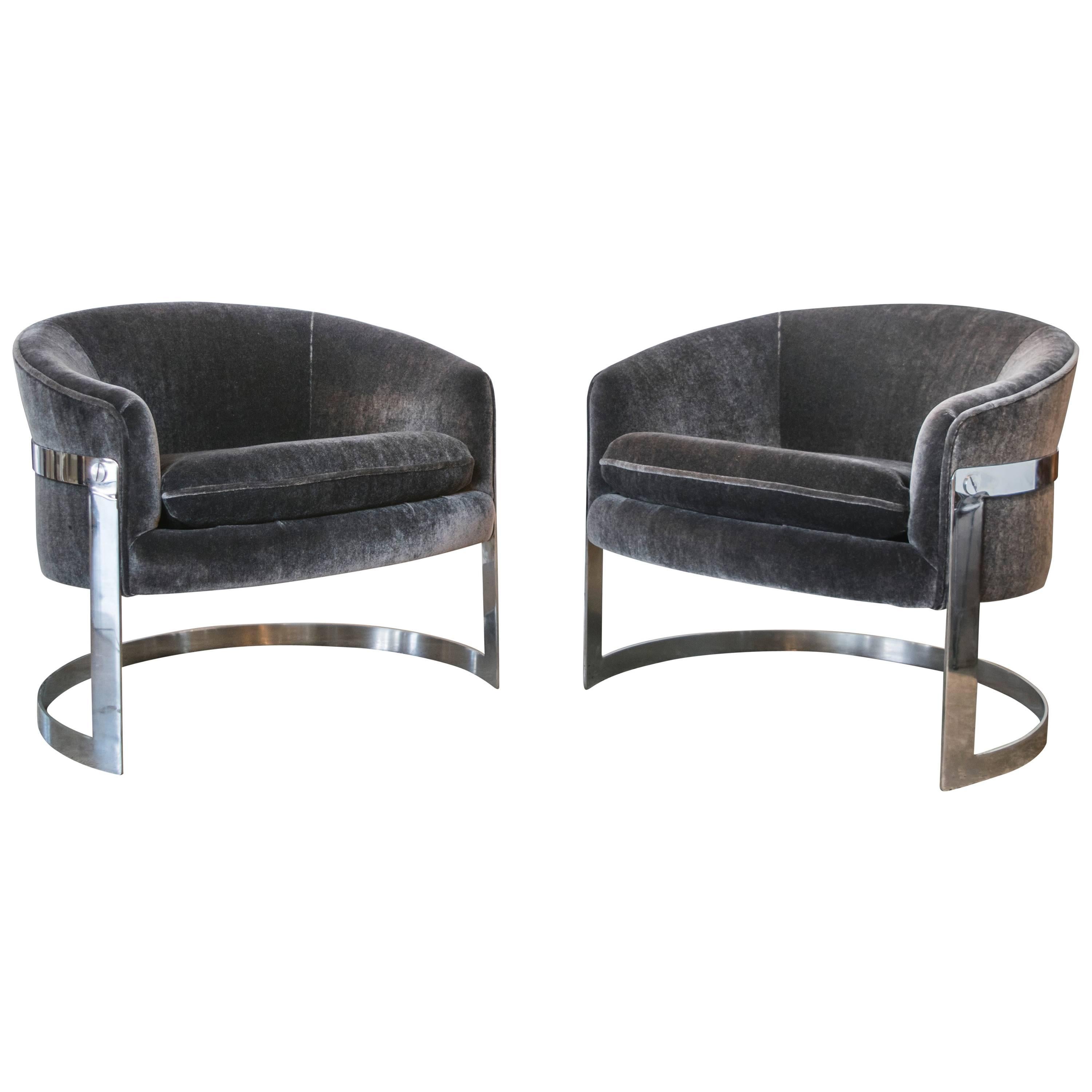 Milo Baughman Chrome Cantilevered Club Chairs in Charcoal Mohair