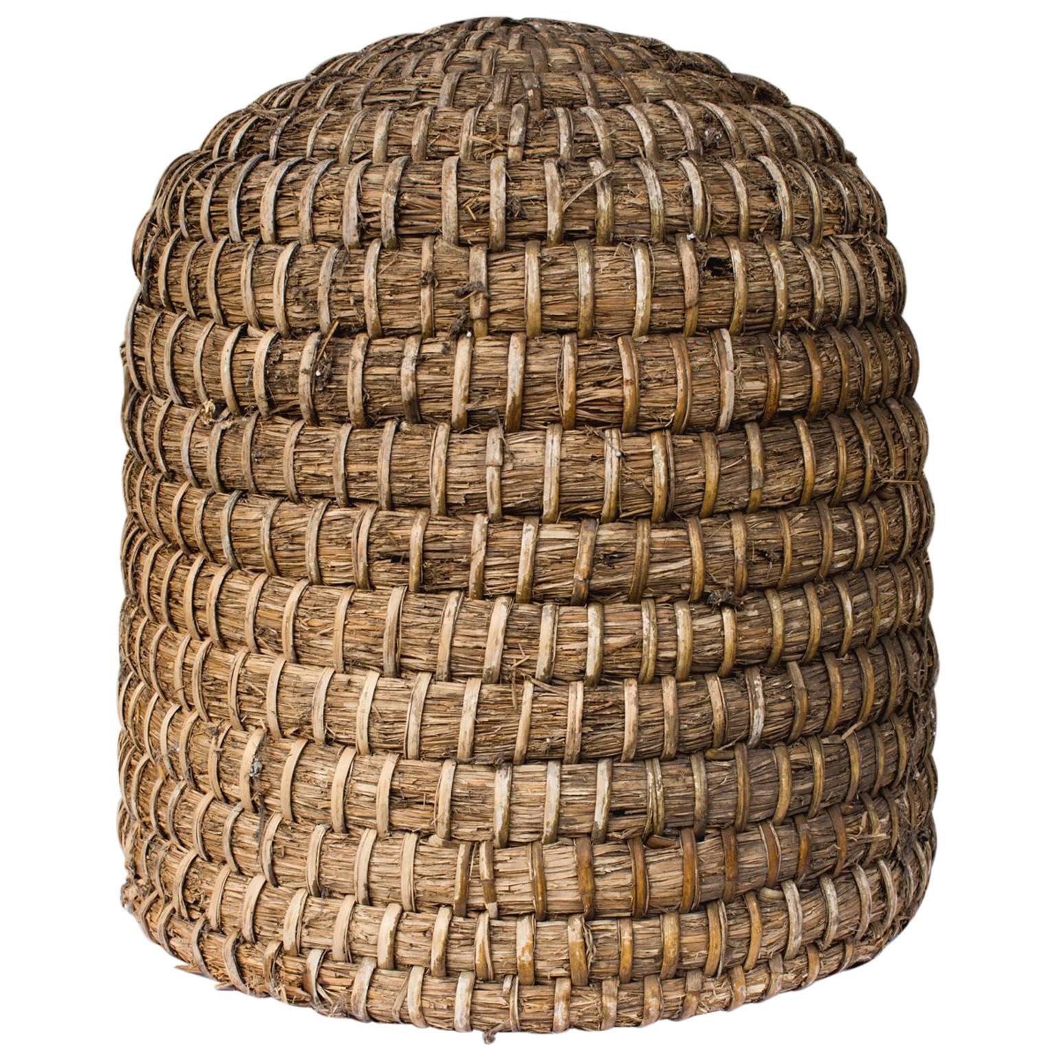 Antique French Woven Straw and Wicker Skep Beehive