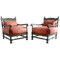 Pair of Green Painted Ornate Wood Framed Armchairs 1