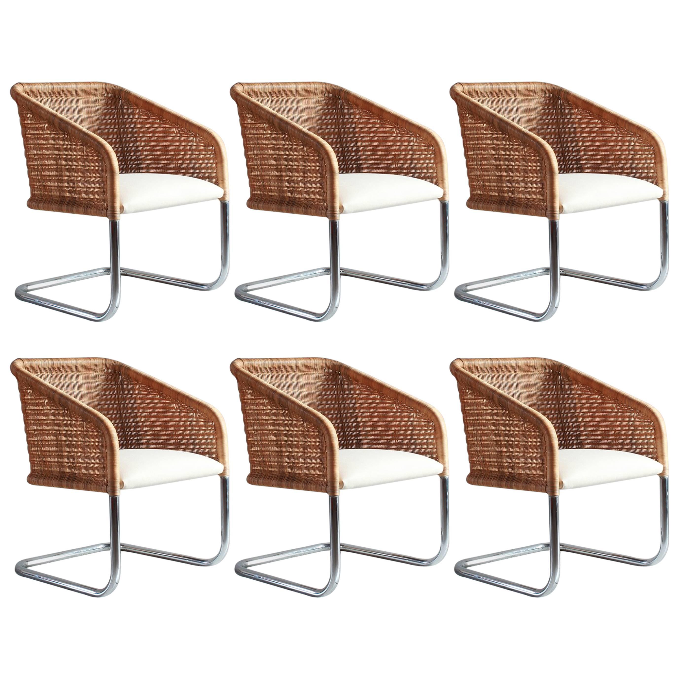 Set of Six Wicker and Chrome Basket Chairs