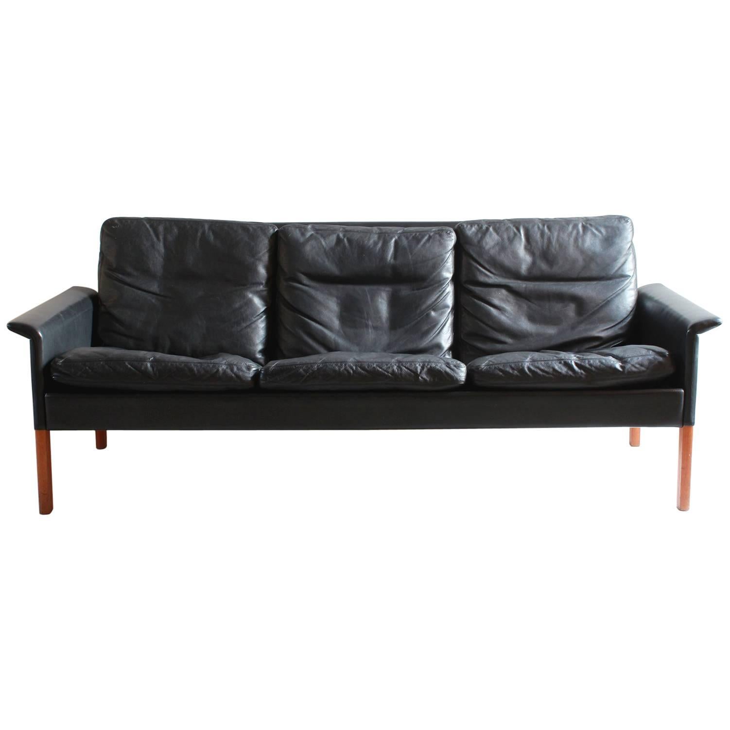Hans Olsen Style Black Leather Sofa
