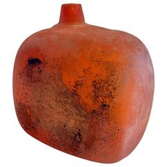 Italian Cenedese Scavo Orange Glass Vase Bottle Signed