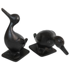 19th Century Original Black Painted Cast Iron Duck Door Stops, Pair
