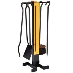 Set of Four Fireplace Iron Tools on Brass Accented Stand, France, 1970s 2