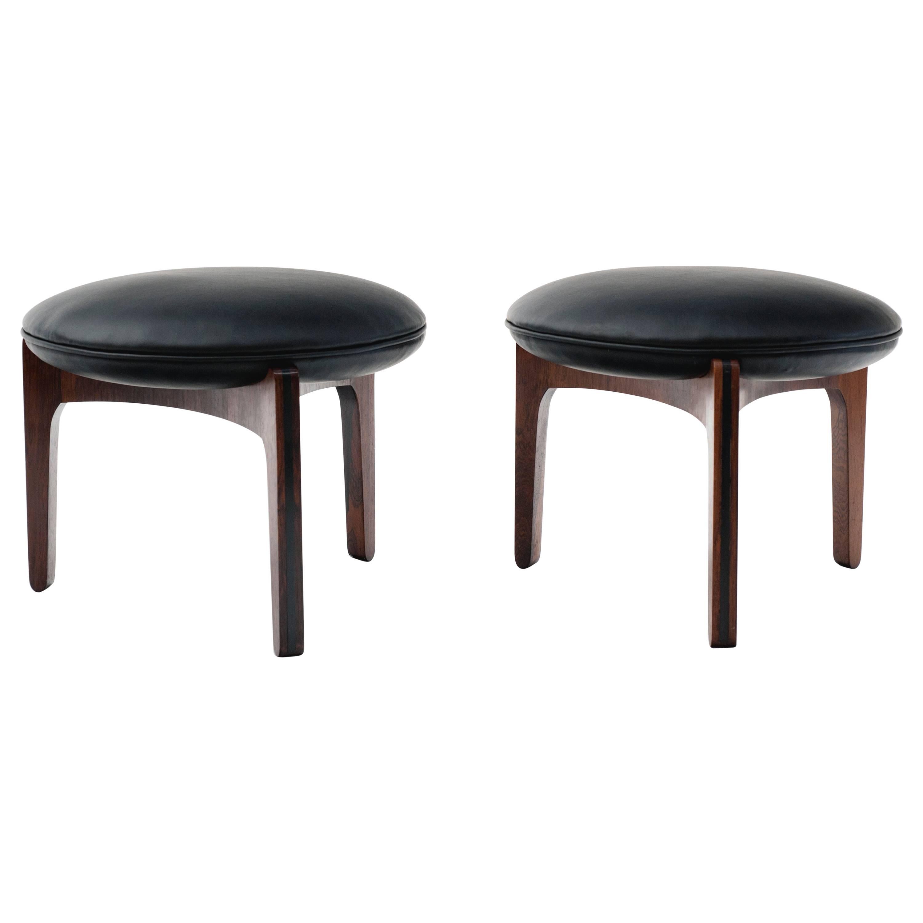 Pair of Danish Modern Sven Ellekaer Stools in Rosewood and Black Leather, 1962