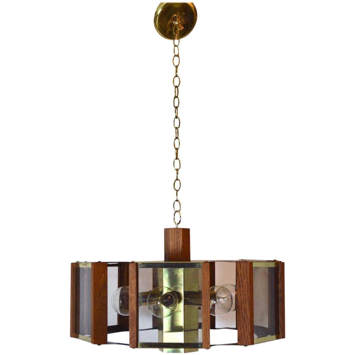 Hexagonal Brass Smoked Lucite and Wood Chandelier by Frederick Ramond