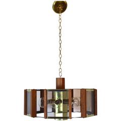 Retro Hexagonal Brass Smoked Lucite and Wood Chandelier by Frederick Ramond