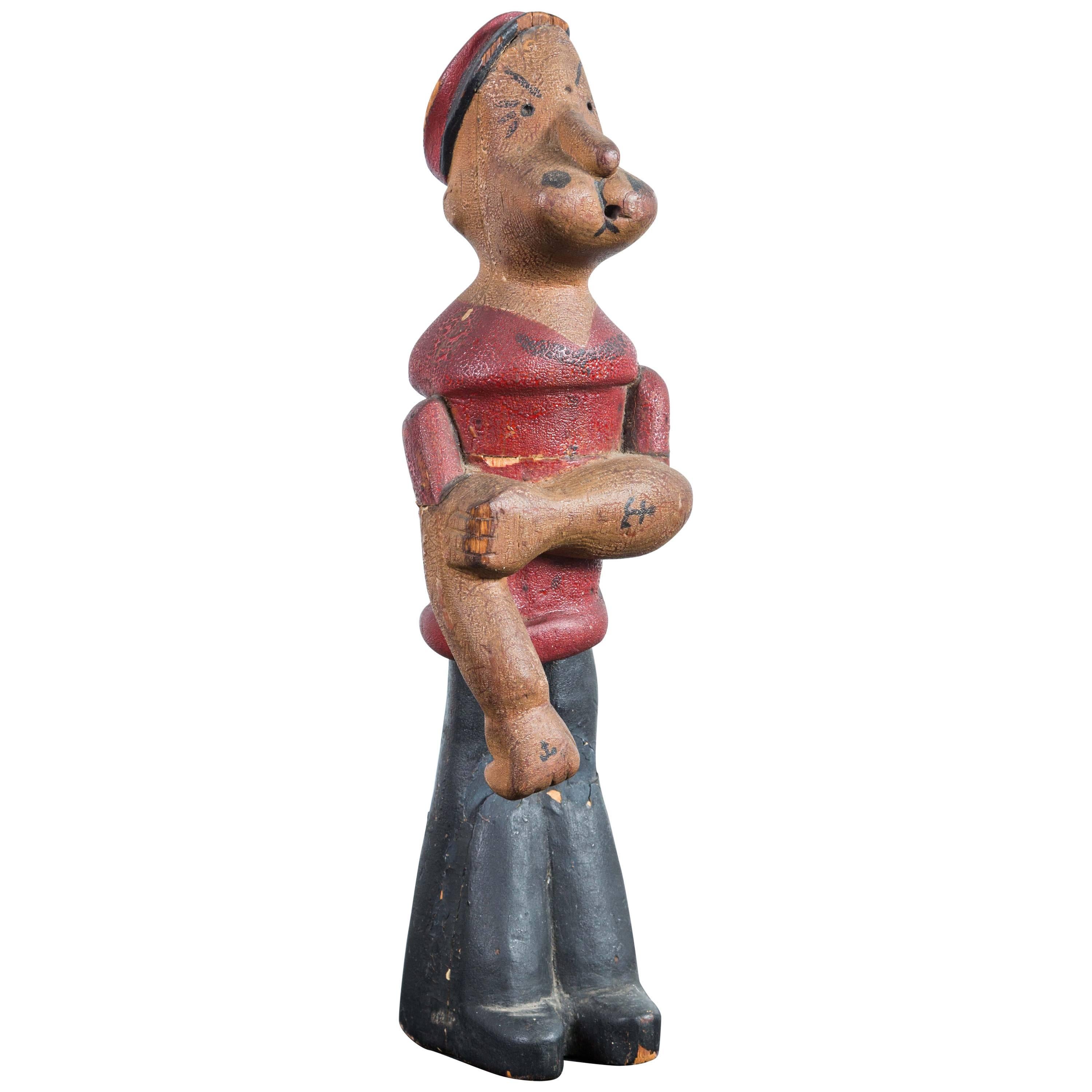 Figure Popeye vintage en bois sculptée à la main avec surface de peinture d'origine en vente