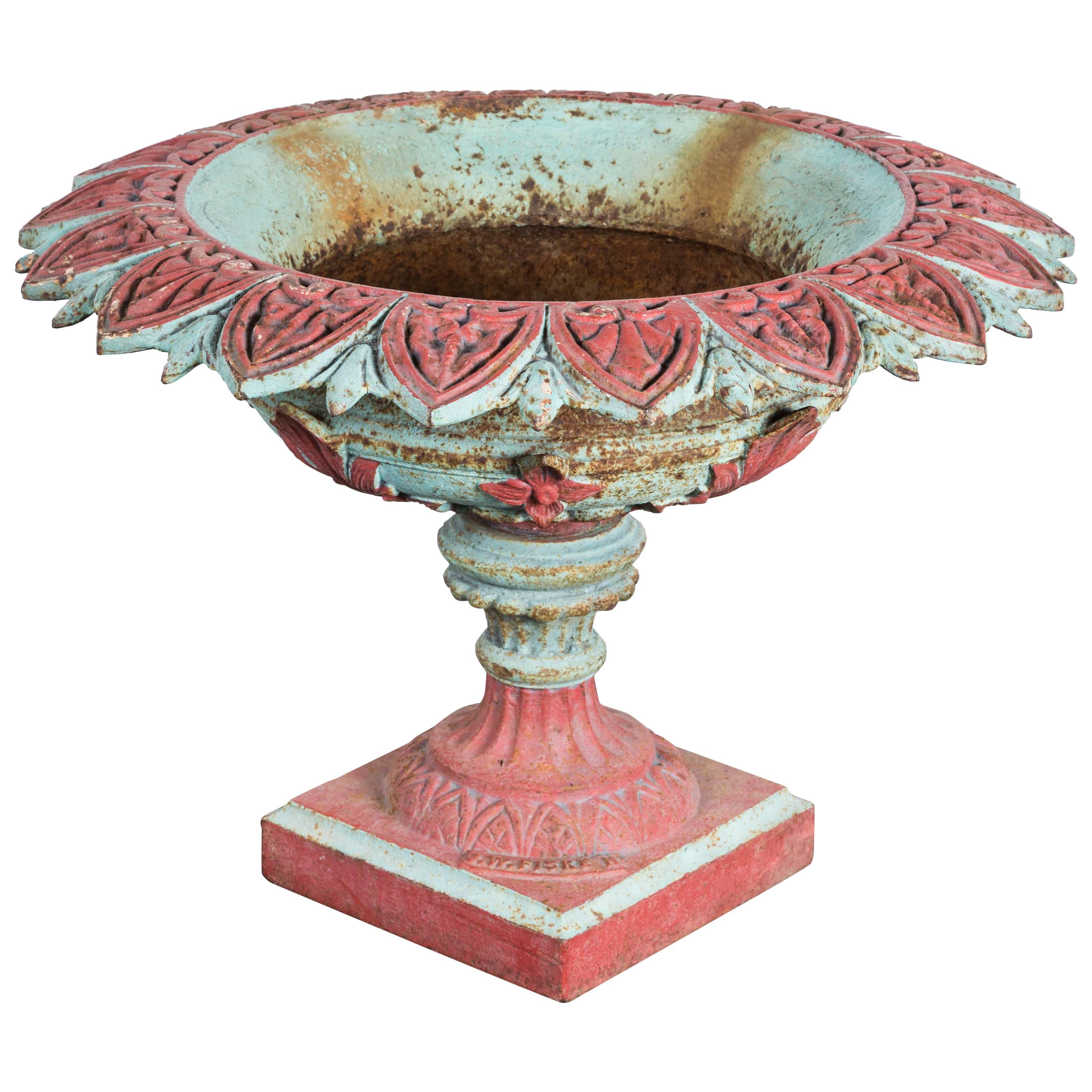 19th Century Cast Iron Garden Urn Marked J.W. Fiske Flower and Acanthus Embossed