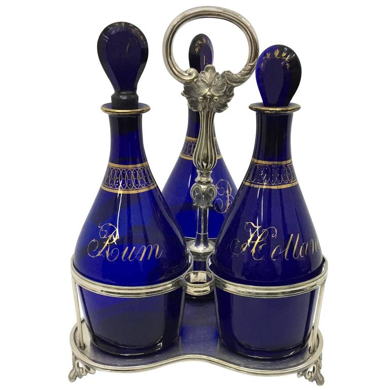 Victorian English Liquor Frame with Original Blue Bottles, circa 1850