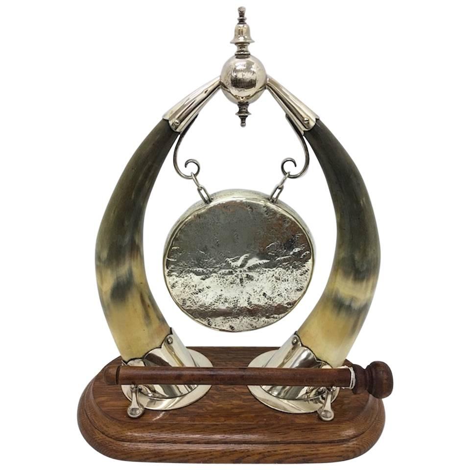 English Silver Plate Gong with Animal Horns , circa 1870