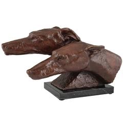 Art Deco Bronze Sculpture Two Greyhounds, Whippet Dogs on Marble Base France
