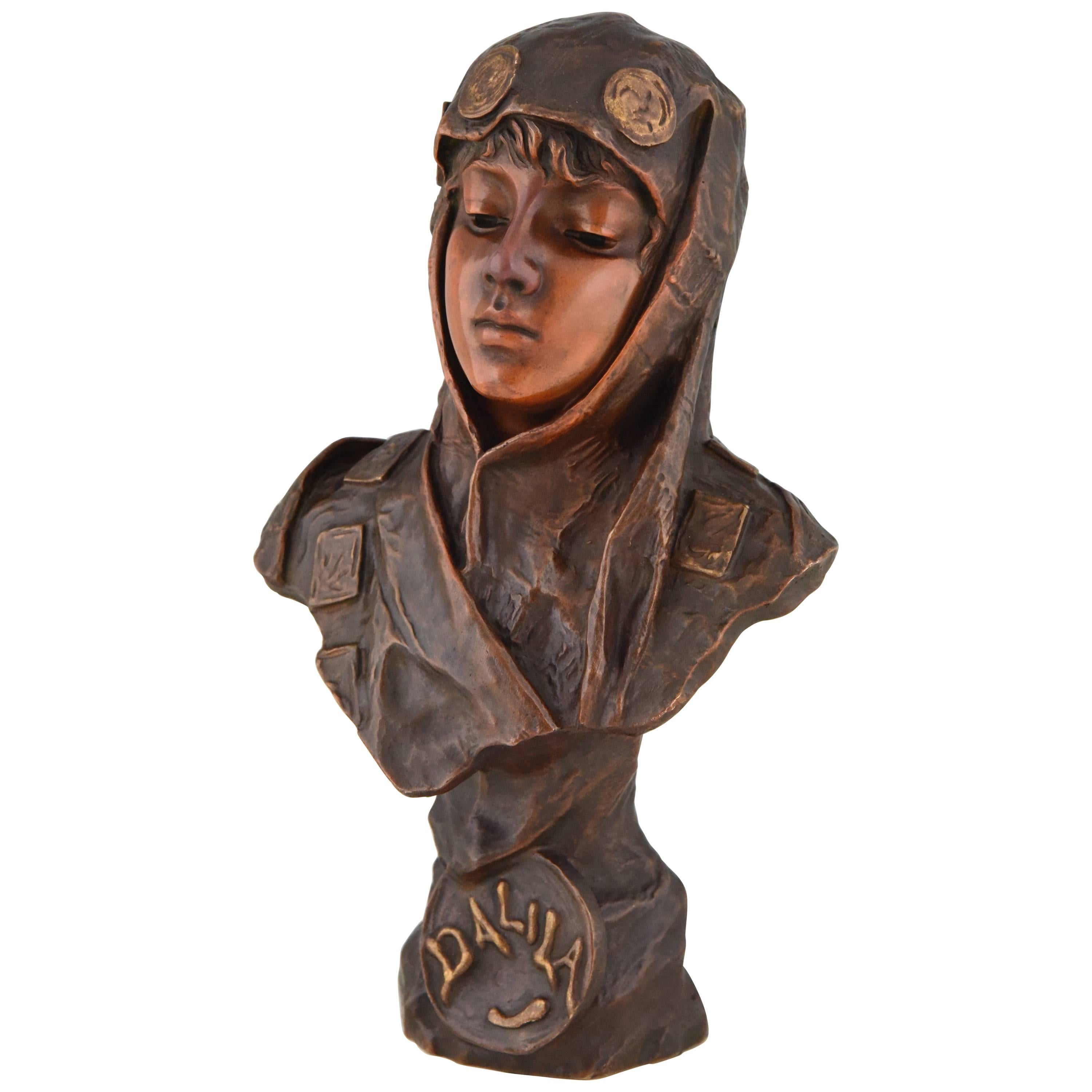 Dalila, French Art Nouveau Bronze Bust of a Girl Emmanuel Villanis, 1890