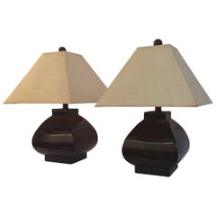 Retro Pair of Gloss Black Ceramic Lamps