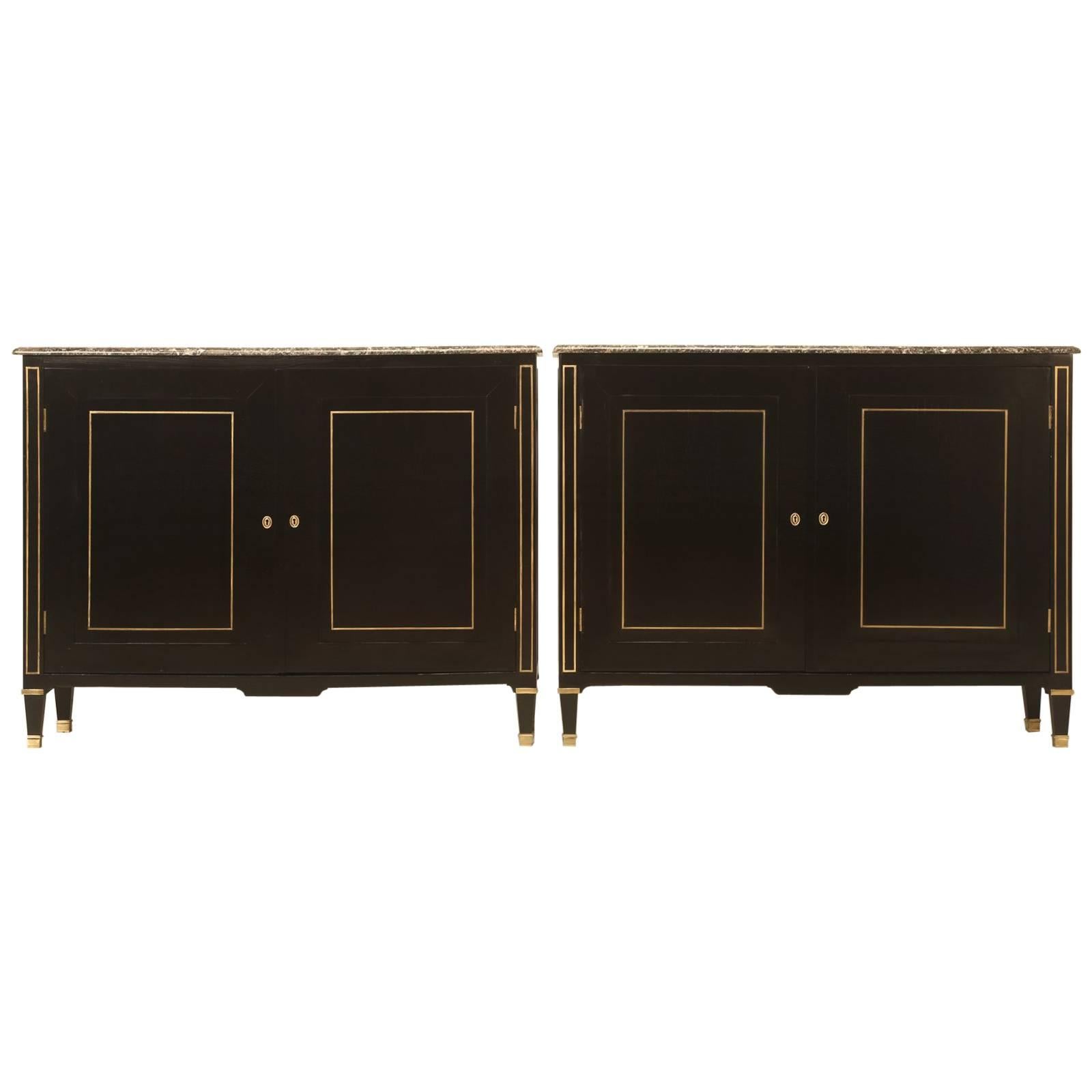 Pair of Matching Directoire Style Ebonized Buffets with Original Marble Tops For Sale