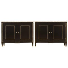 Antique Pair of Matching Directoire Style Ebonized Buffets with Original Marble Tops