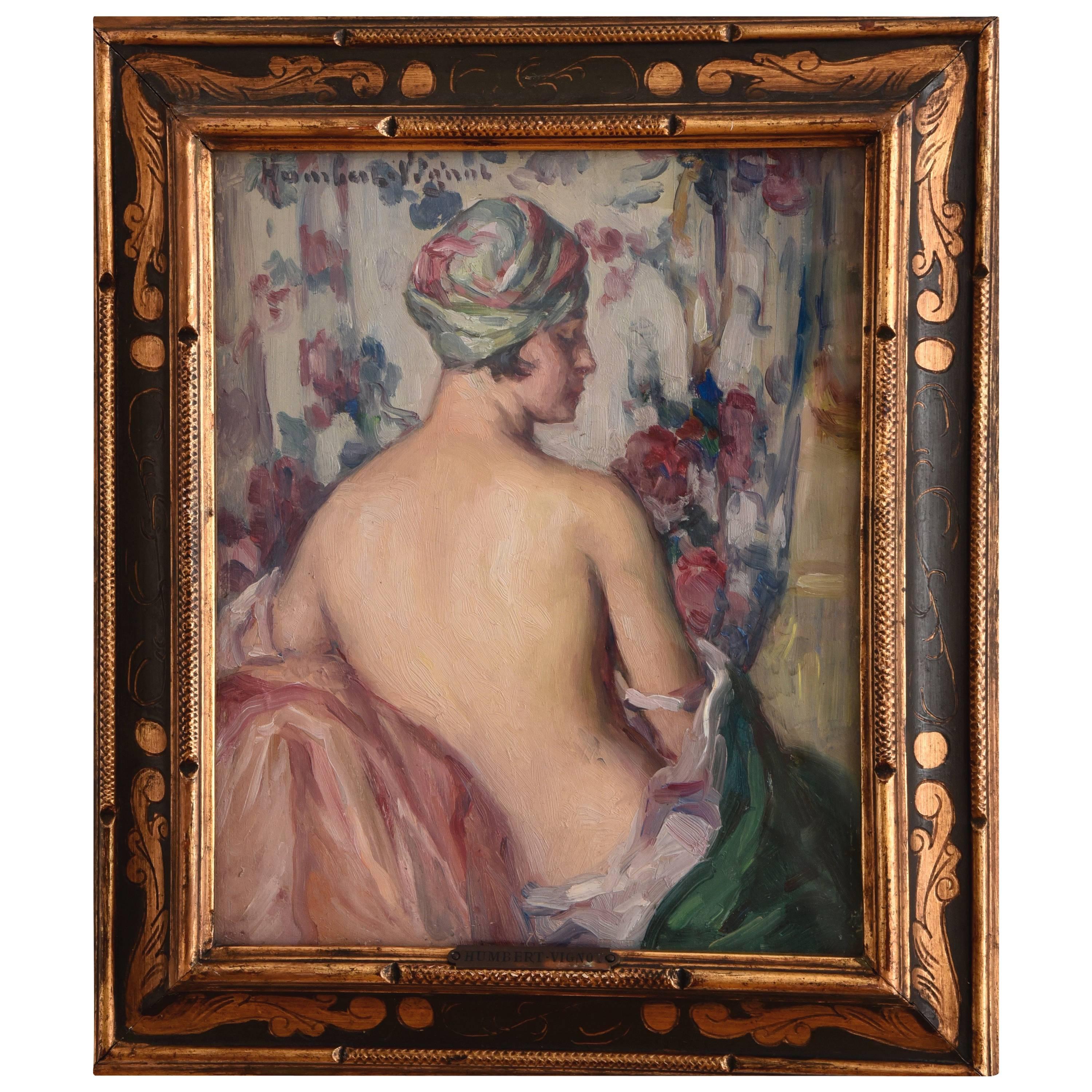 French Art Deco Painting, Nude with Turban by Léonie Humbert Vignot, 1920