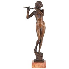 Art Deco Bronze Sculpture of a Nude with Flute, David Fahrner