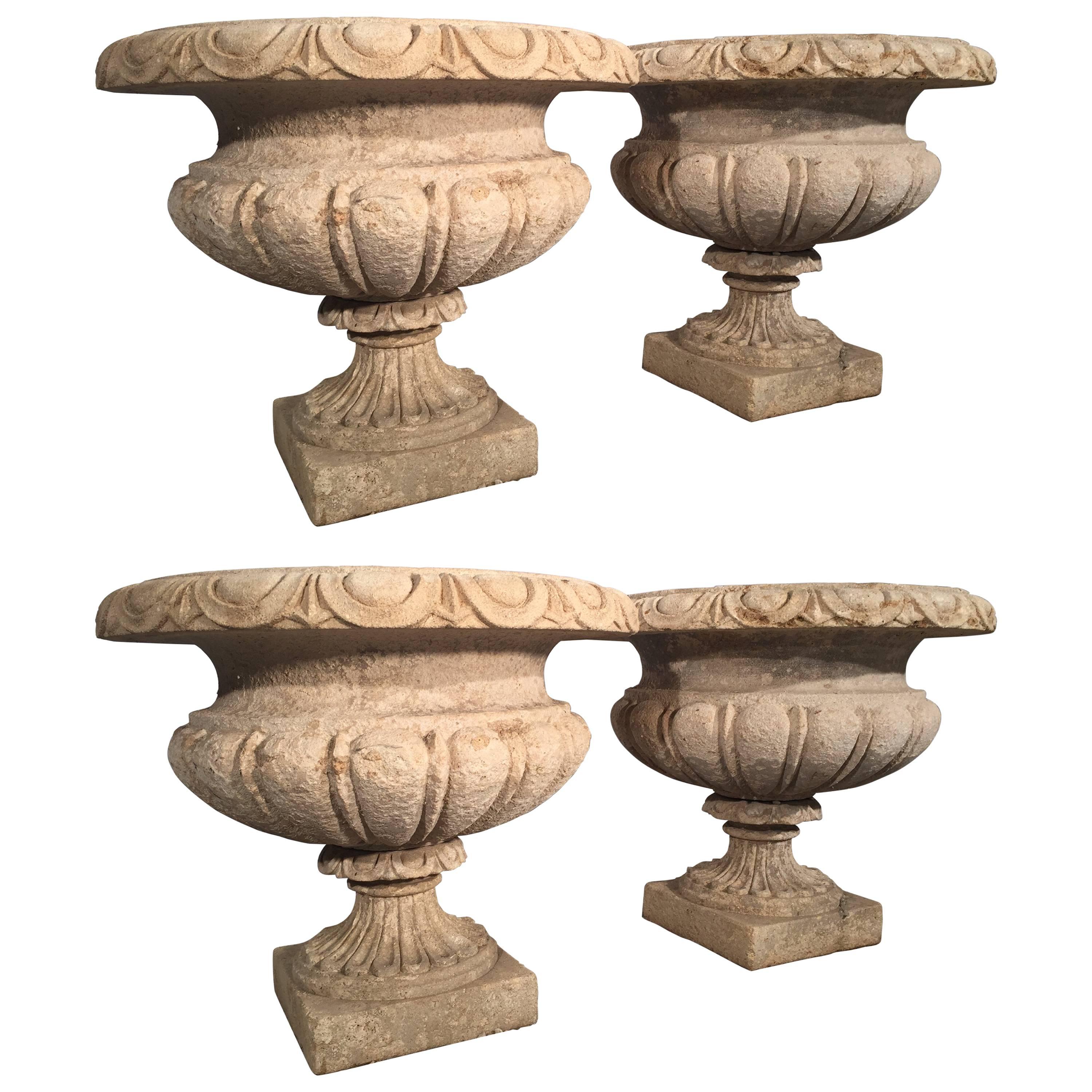 Set of Four Large Carved Limestone Urns from Michael and Diandra Douglas Estate