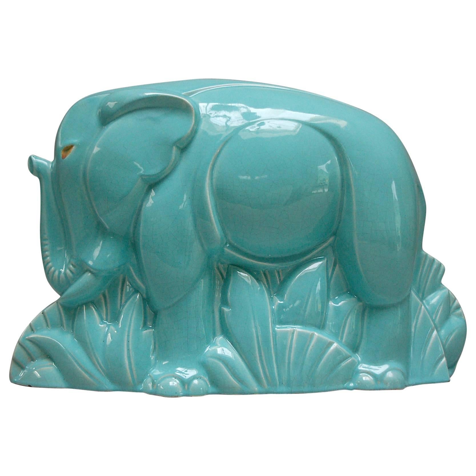 Art Deco Crackle Glaze Ceramic Elephant by Charles Lemanceau, 1930s, France