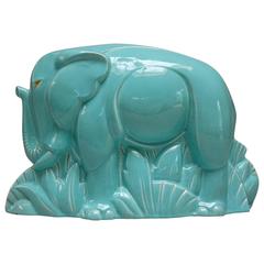 Éléphant en céramique à glaçure craquelée Art Déco de Charles Lemanceau, années 1930, France