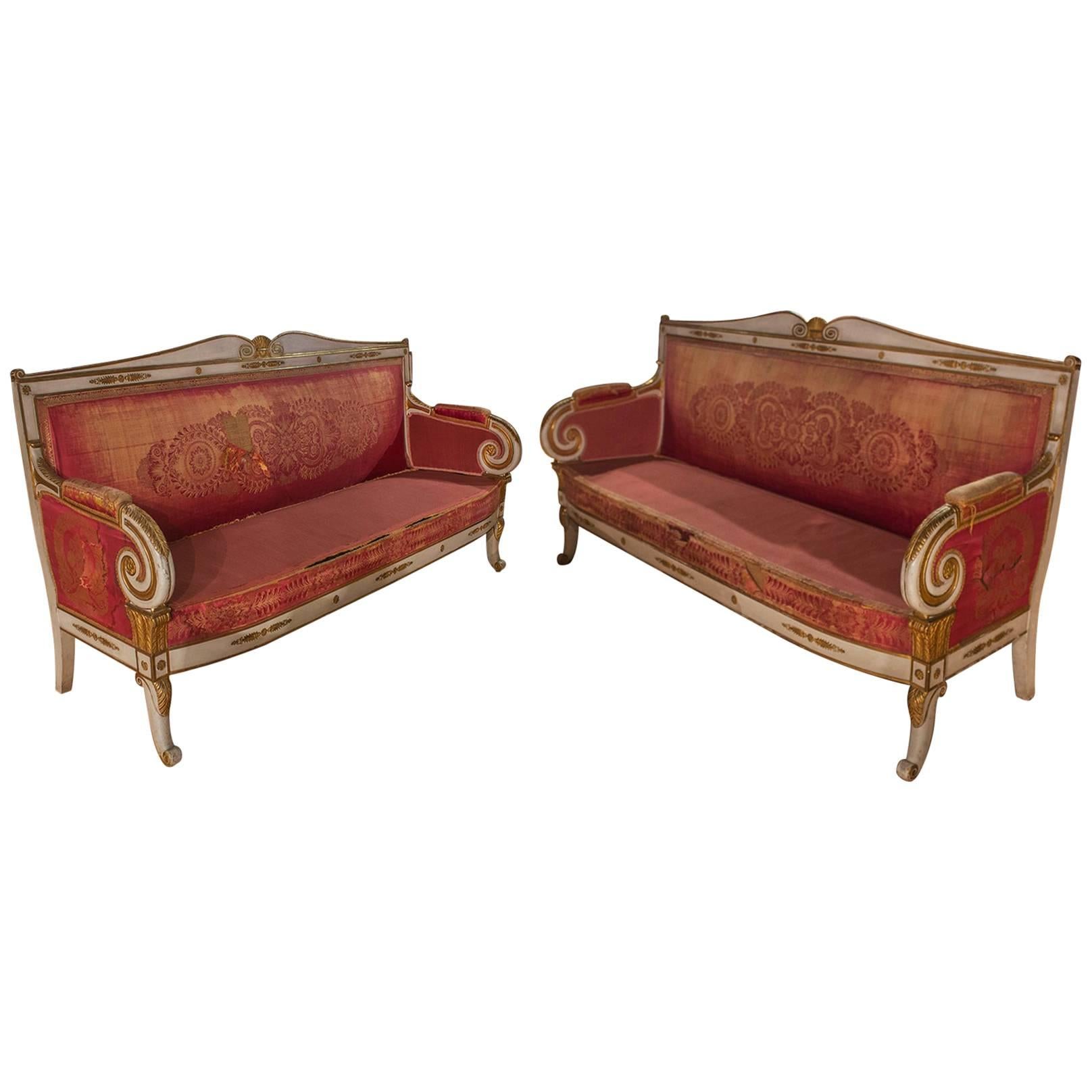 Pair of French Painted and Gilt Sofas For Sale