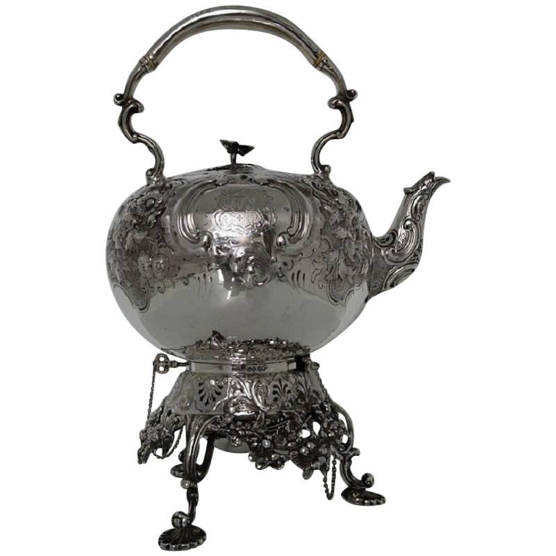Antique Sterling Silver Victorian Tea Kettle London 1856 Robert Harper For Sale