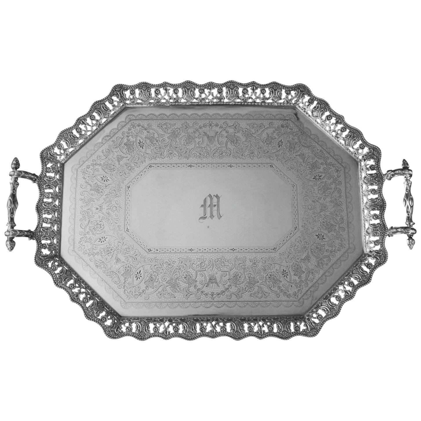 Antique English, Cast Border, Sterling Silver Tray For Sale