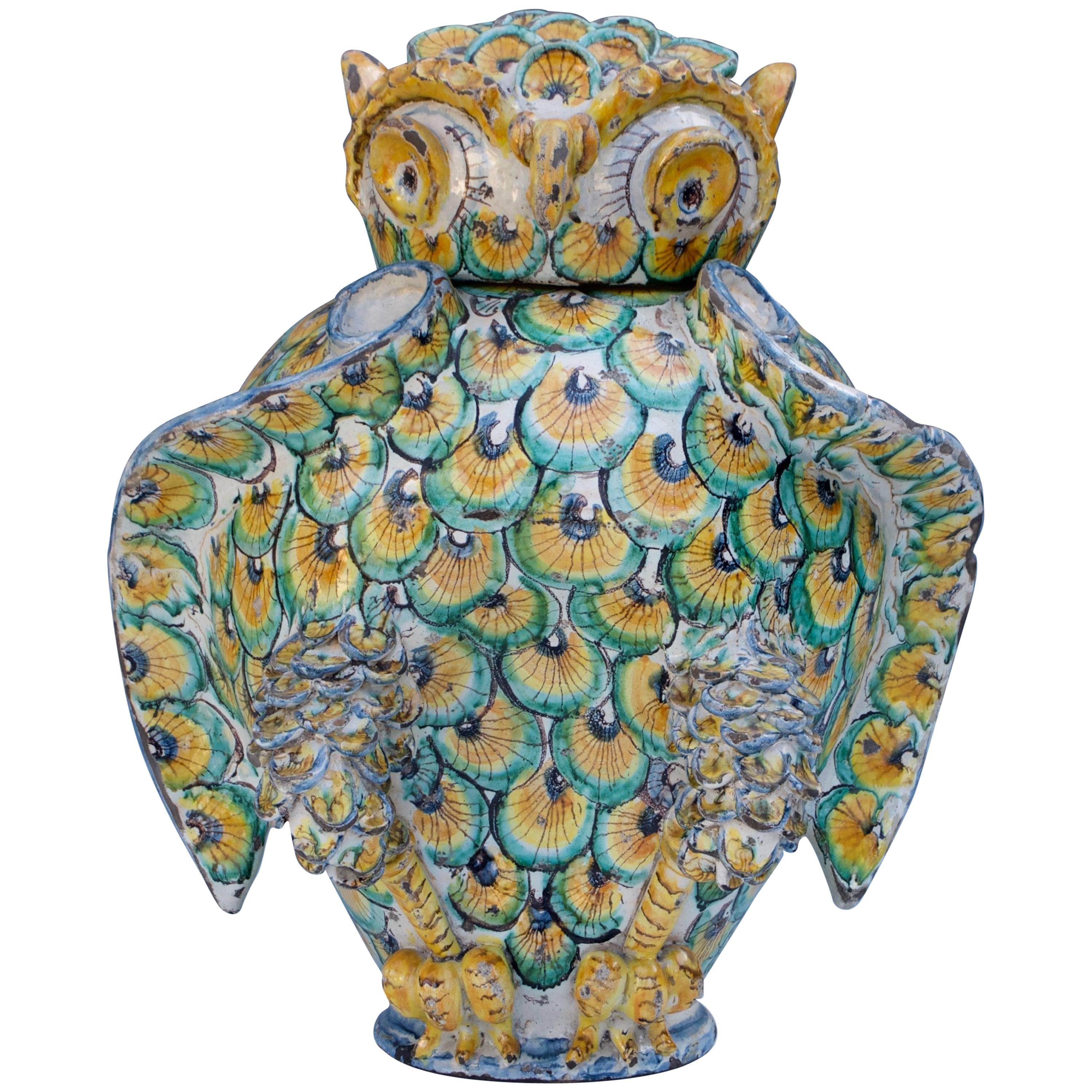Italian Majolica Jar of an Owl For Sale