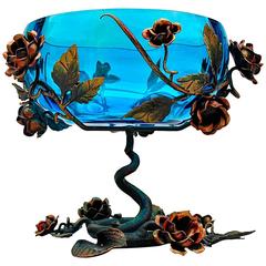 Blue Glass Bowl in Elaborately Decorated Metal Stand, Late 20th Century