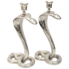Pair of Egyptian Revival Nickle-Plated Cobra-Form Candleholders
