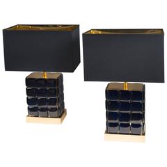 Pair of Dark Blue Glass and Polished Brass Lamps, France, 2015 8