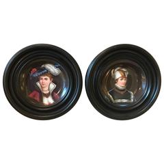 Antique Pair of Porcelain Portrait Plates with Original Frames