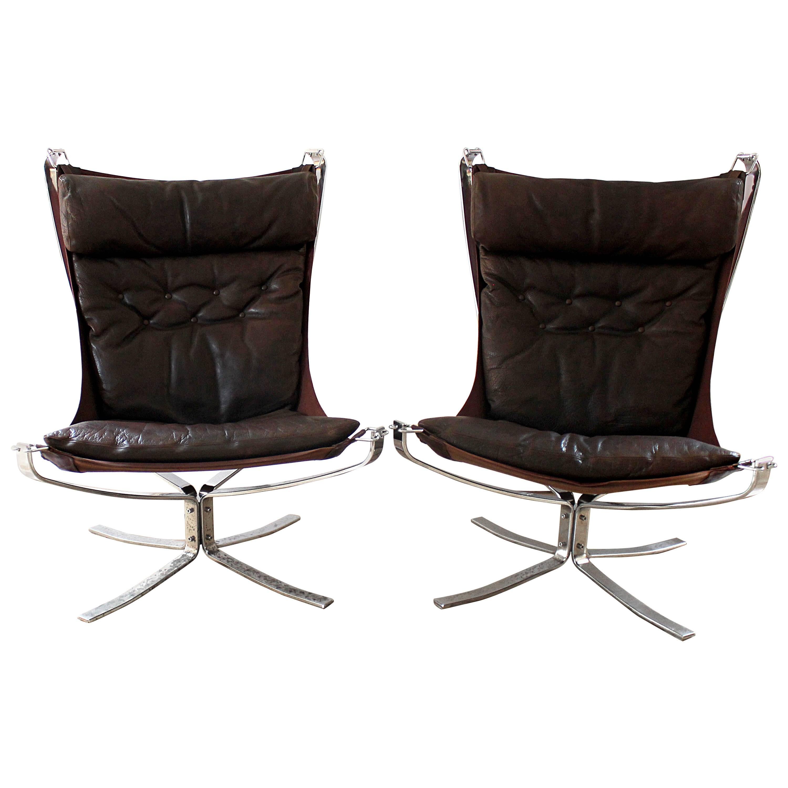 Pair of 1970s High-Backed Leather and Chrome Falcon Chairs by Sigurd Ressell
