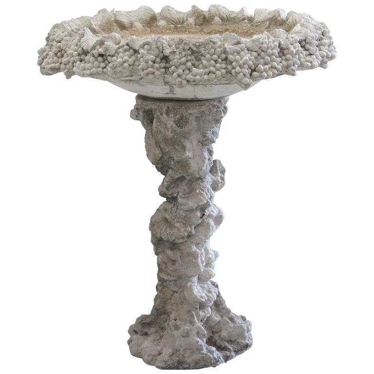 Ornate Vintage Cast Cement Bird Bath Grape Leaves For Sale at 1stdibs