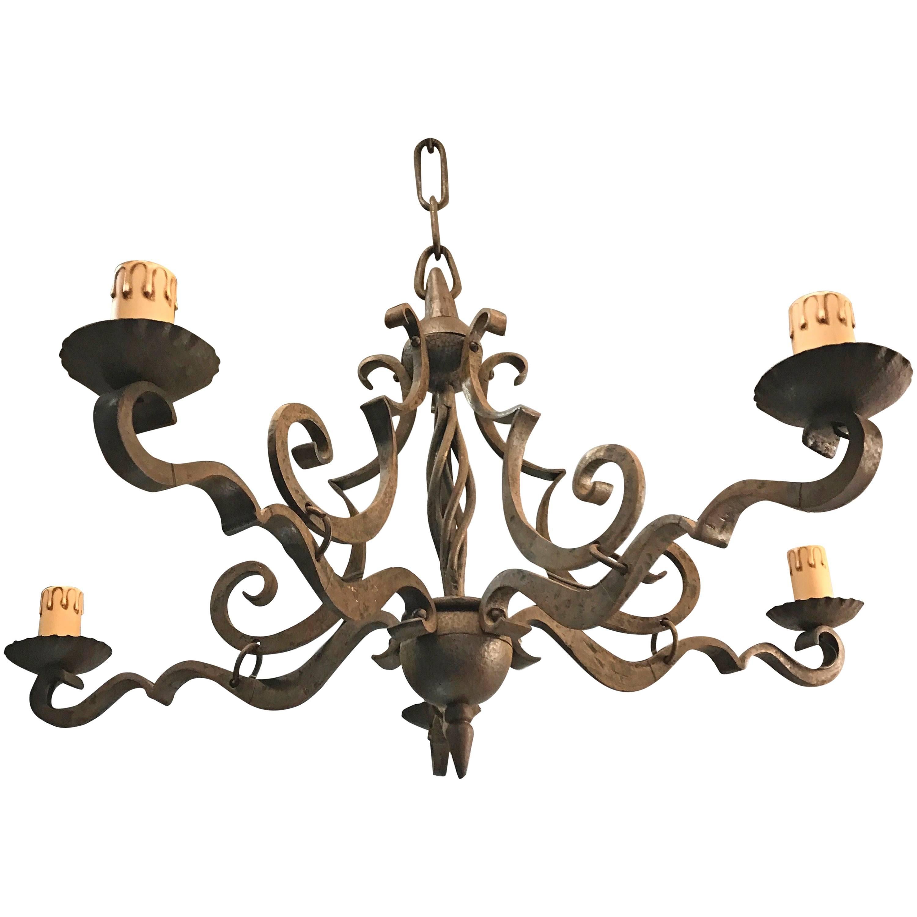 Early 1900 Arts & Crafts Hand-Forged Wrought Iron Quality Pendant  / Chandelier