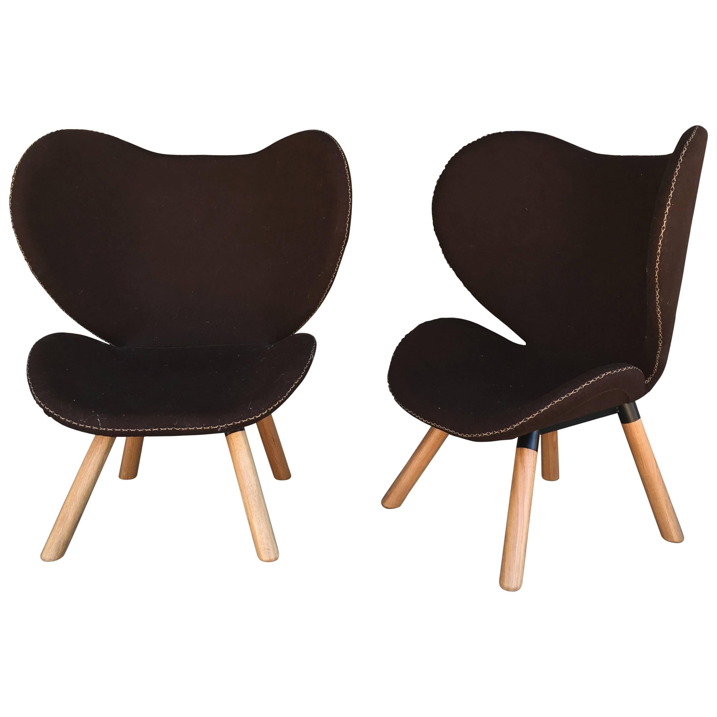 Pair of Mid-Century Modern Denmark Designed Brown Wool Easy Chairs