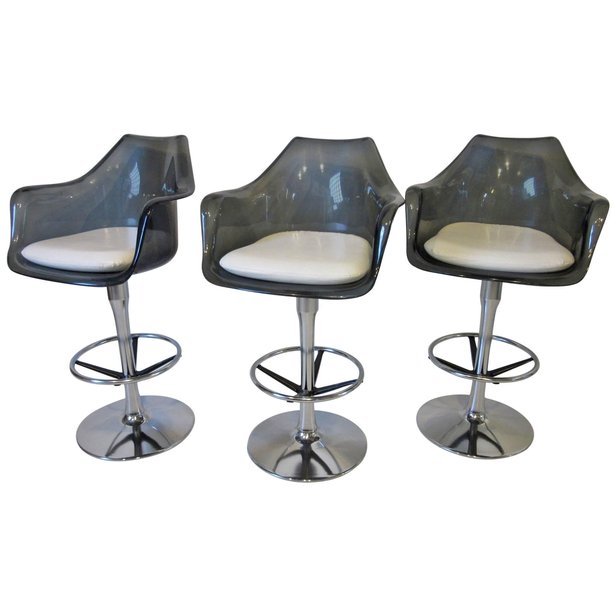 Smoked Lucite and Chrome Swiveling Bar Stools