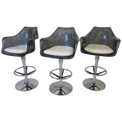 Vintage Smoked Lucite and Chrome Swiveling Bar Stools