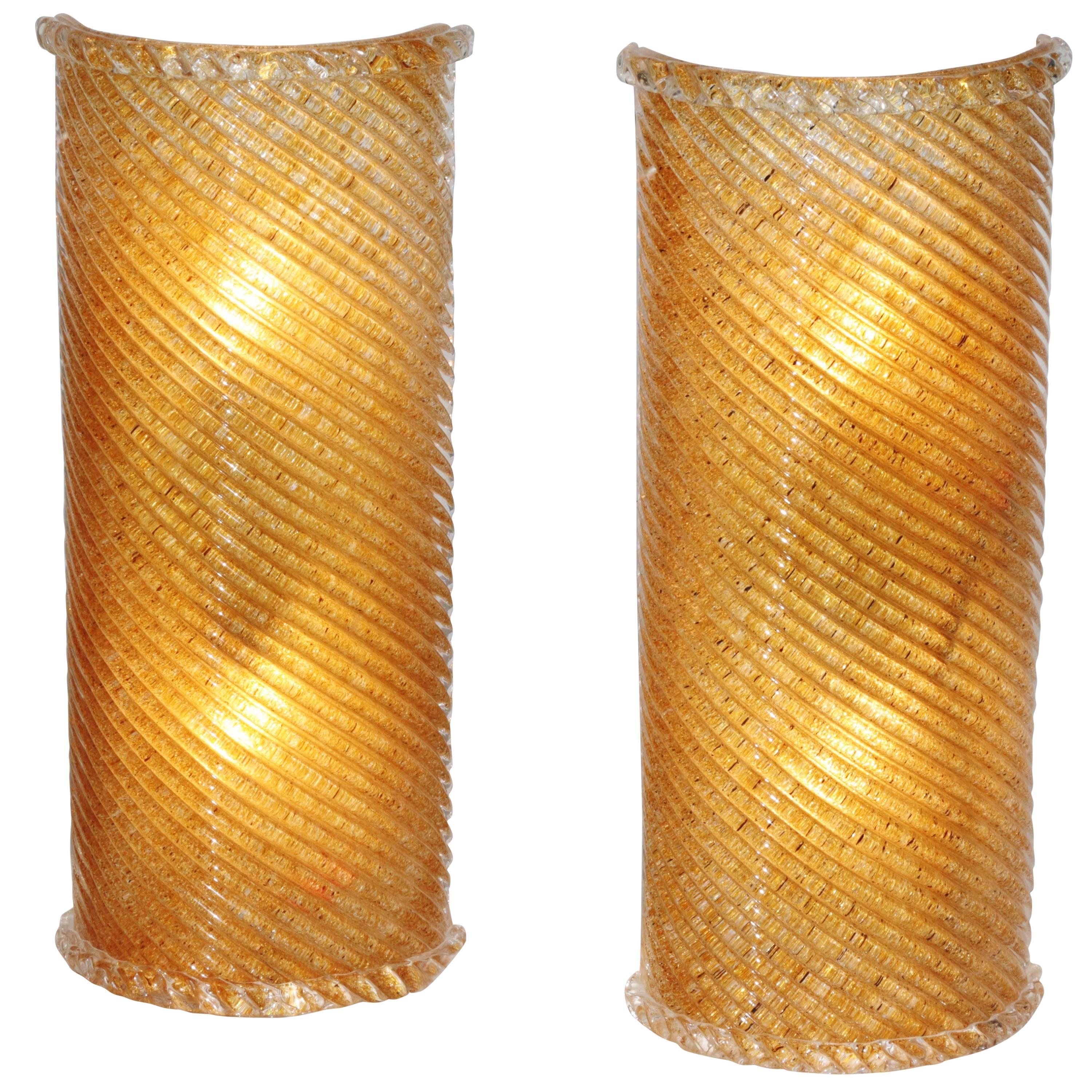 Pair of Crescent Murano Hanging Wall Sconces with Gold Clusters