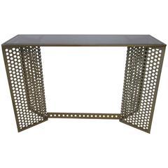 Industrial Styled Perforated Steel and Black Smoked Glass Console Table