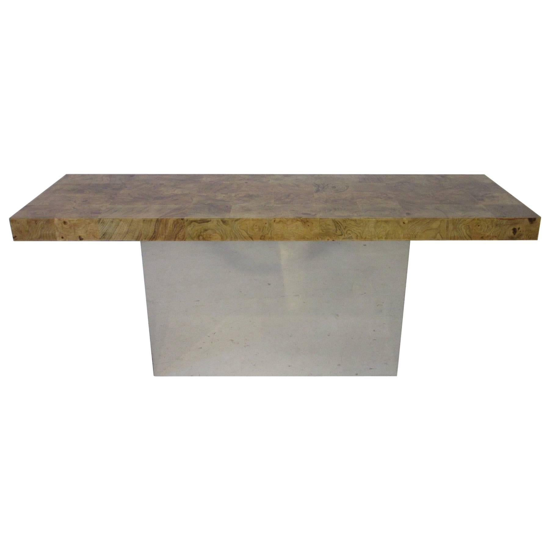Milo Baughman Burl Wood and Polished Chromed Console Table 